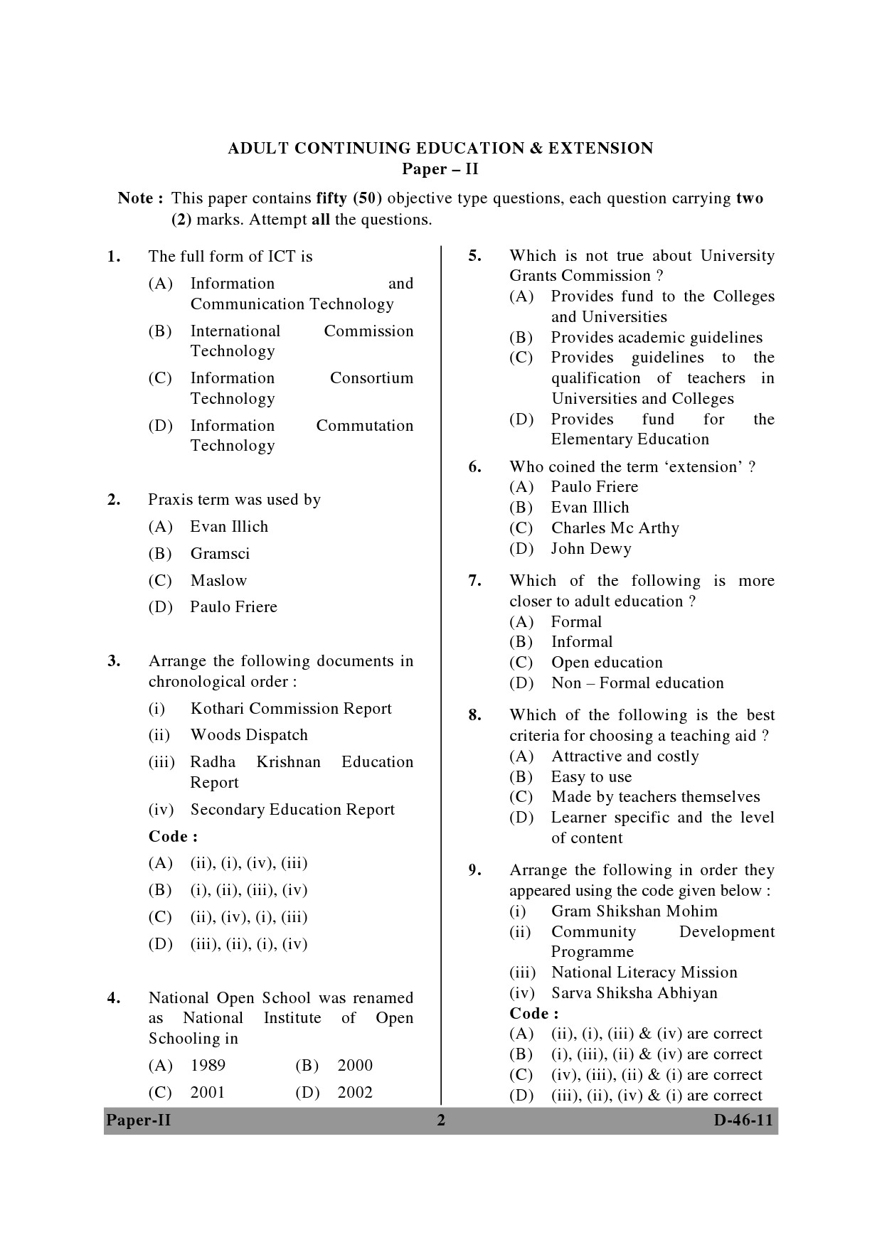 UGC NET Adult Education Question Paper II December 2011 2