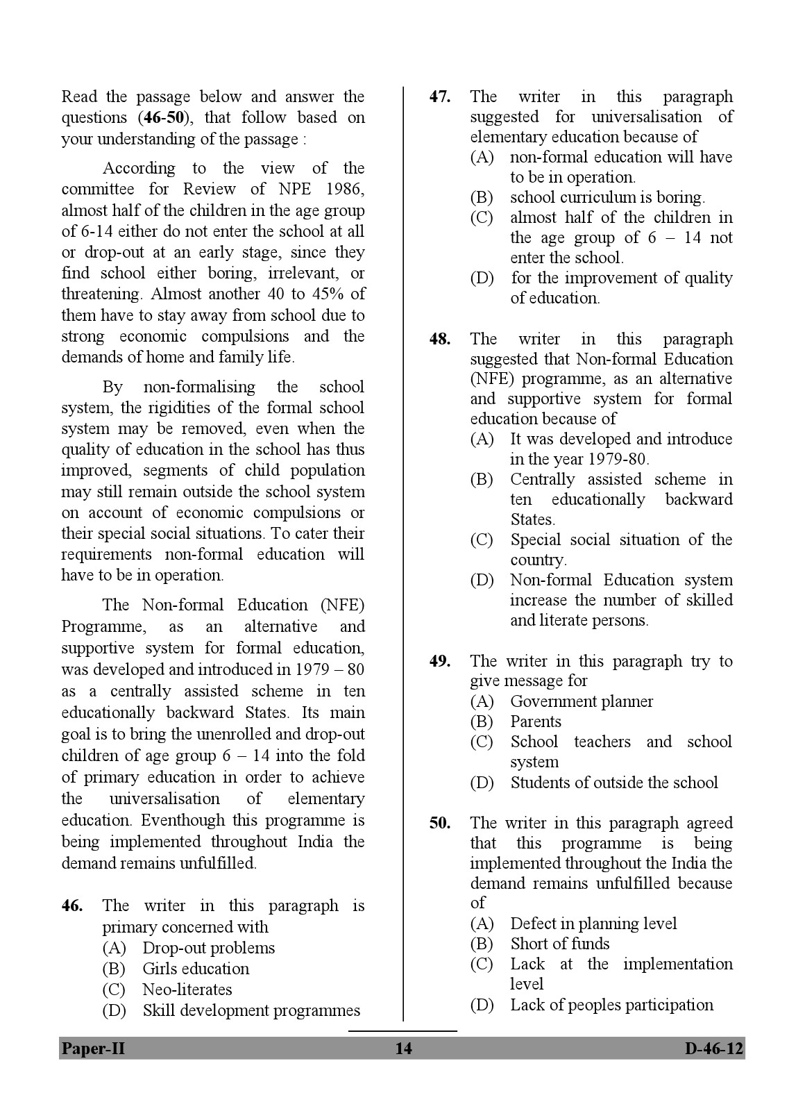 UGC NET Adult Education Question Paper II December 2012 14