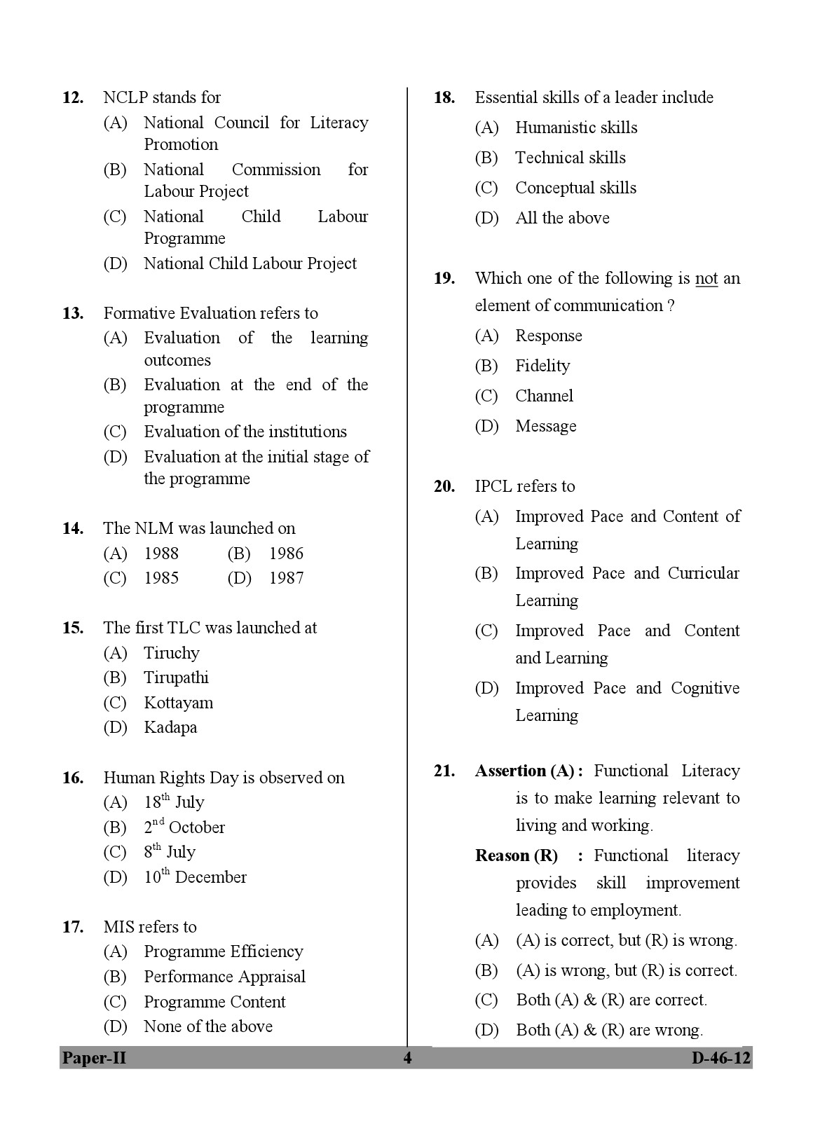 UGC NET Adult Education Question Paper II December 2012 4