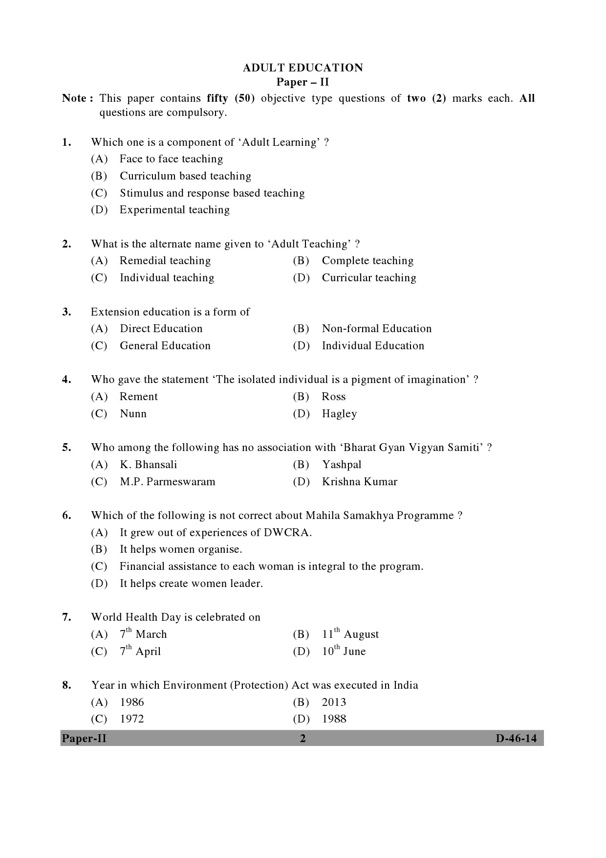 UGC NET Adult Education Question Paper II December 2014 2