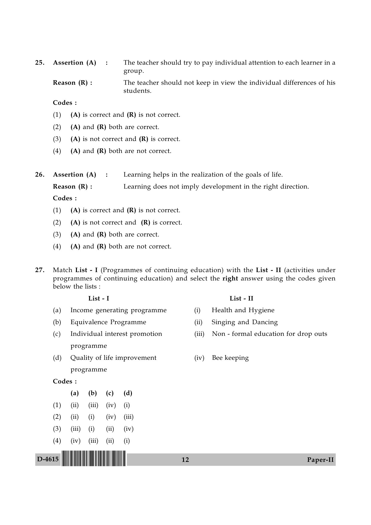 UGC NET Adult Education Question Paper II December 2015 12