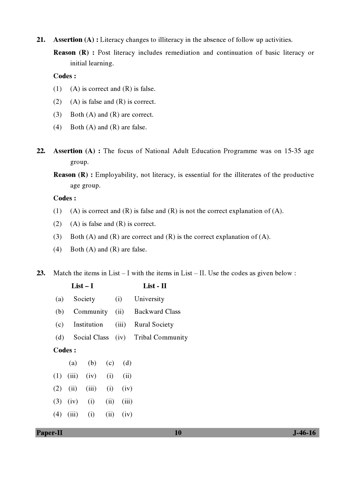 UGC NET Adult Education Question Paper II July 2016 Set 2 10