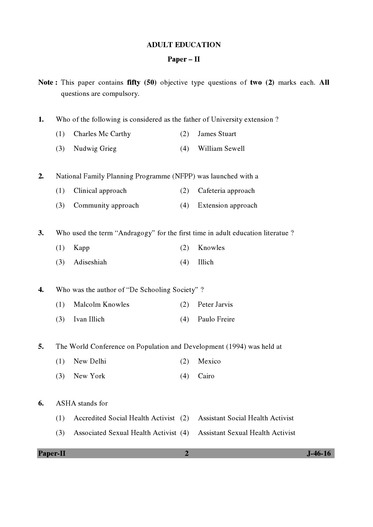 UGC NET Adult Education Question Paper II July 2016 Set 2 2