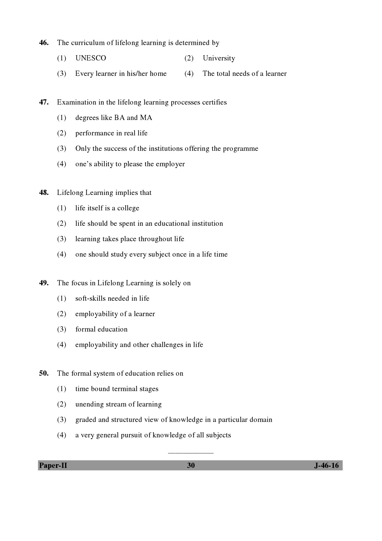 UGC NET Adult Education Question Paper II July 2016 Set 2 30