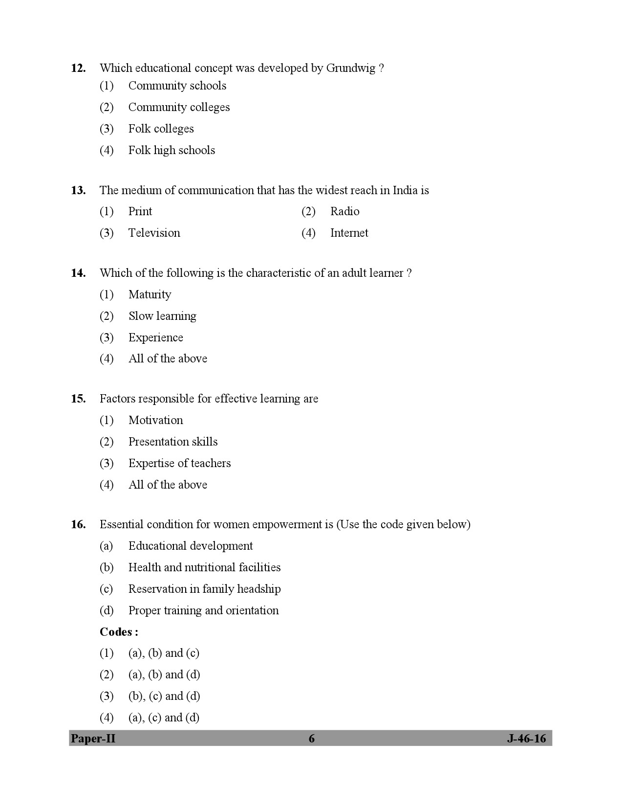 UGC NET Adult Education Question Paper II July 2016 6