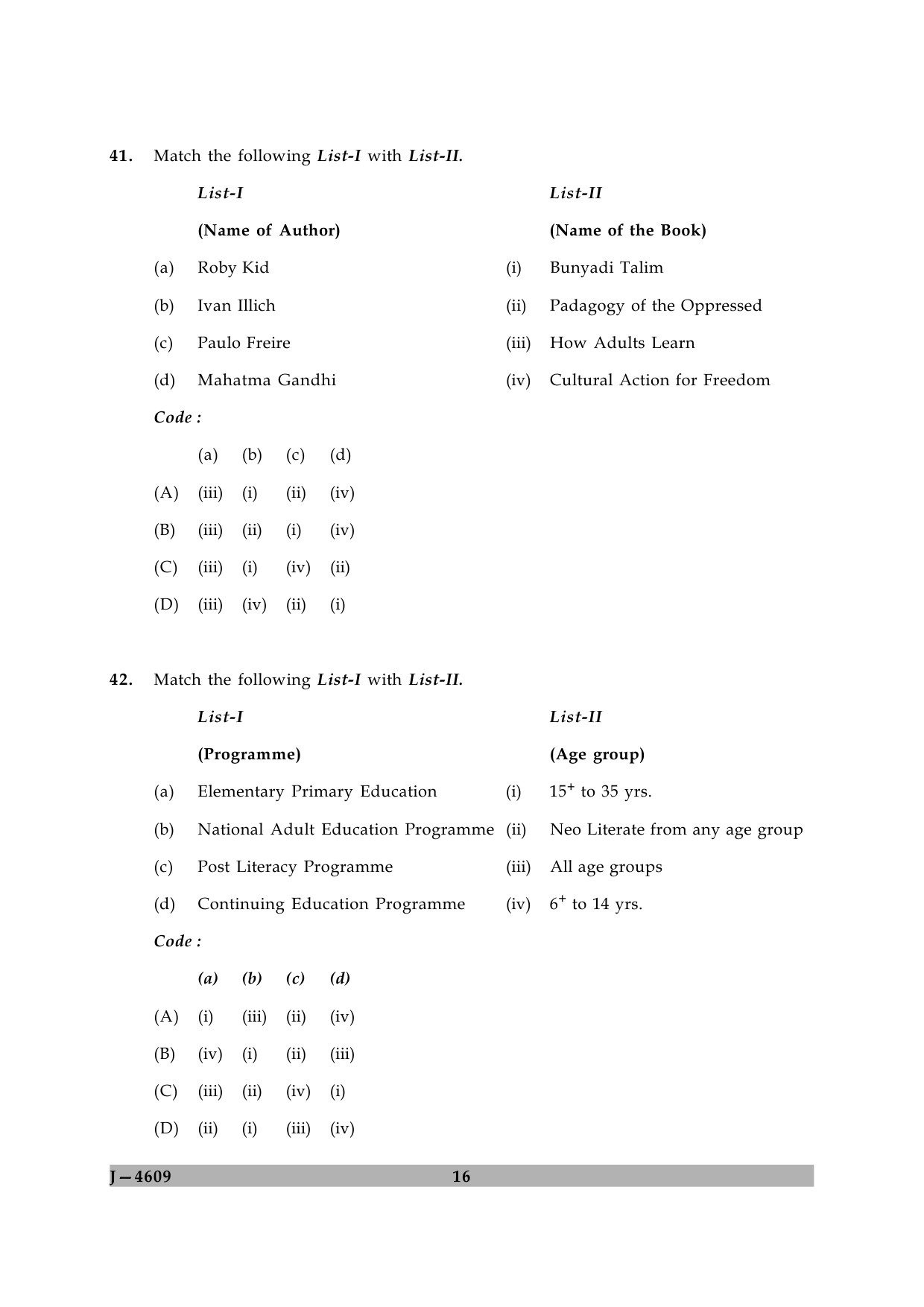 UGC NET Adult Education Question Paper II June 2009 16