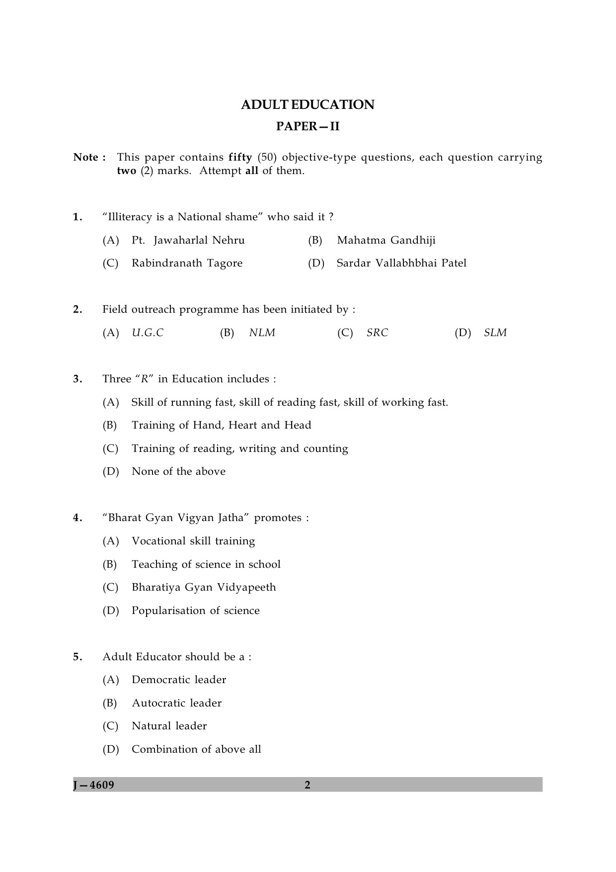 UGC NET Adult Education Question Paper II June 2009 2