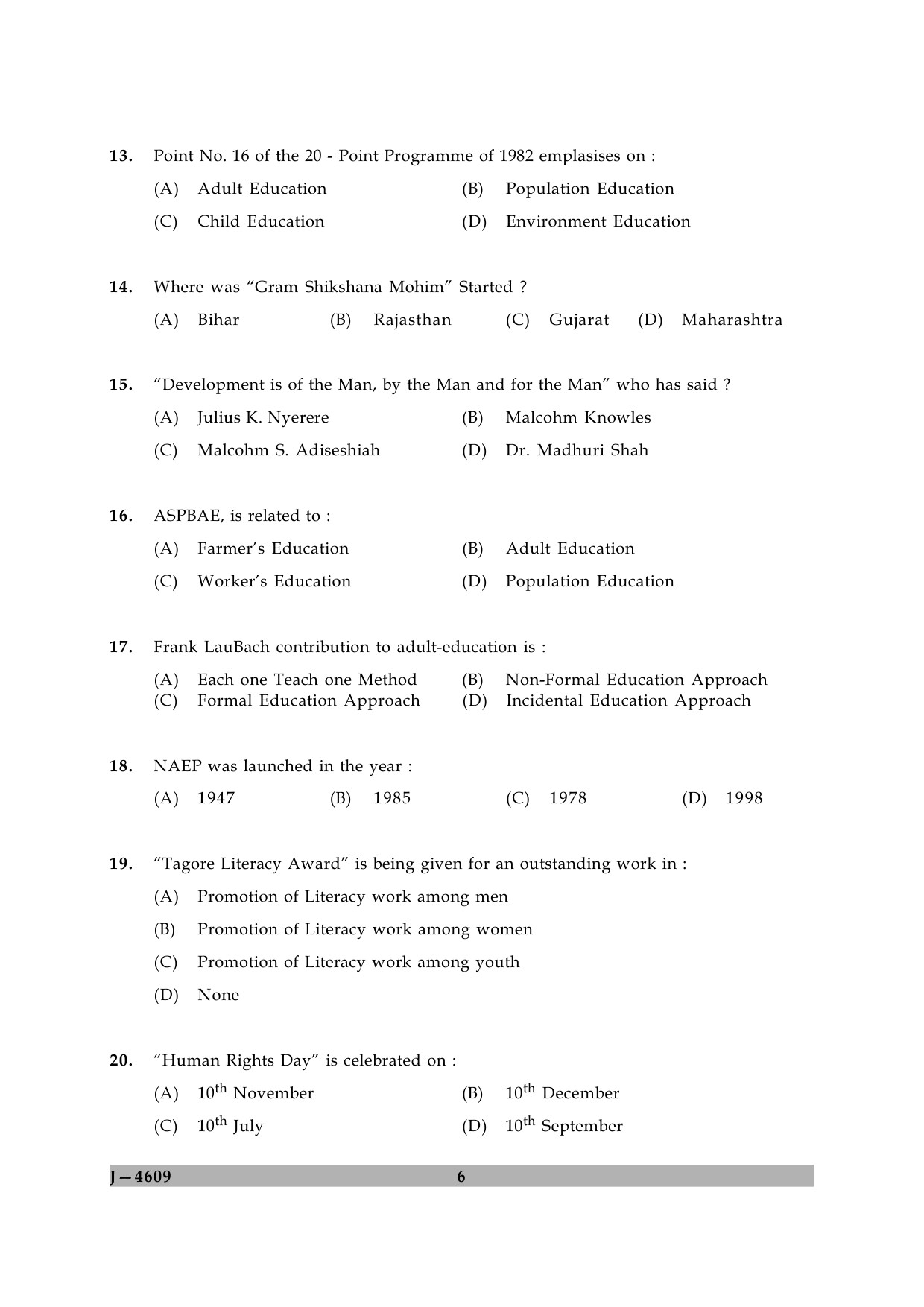 UGC NET Adult Education Question Paper II June 2009 6