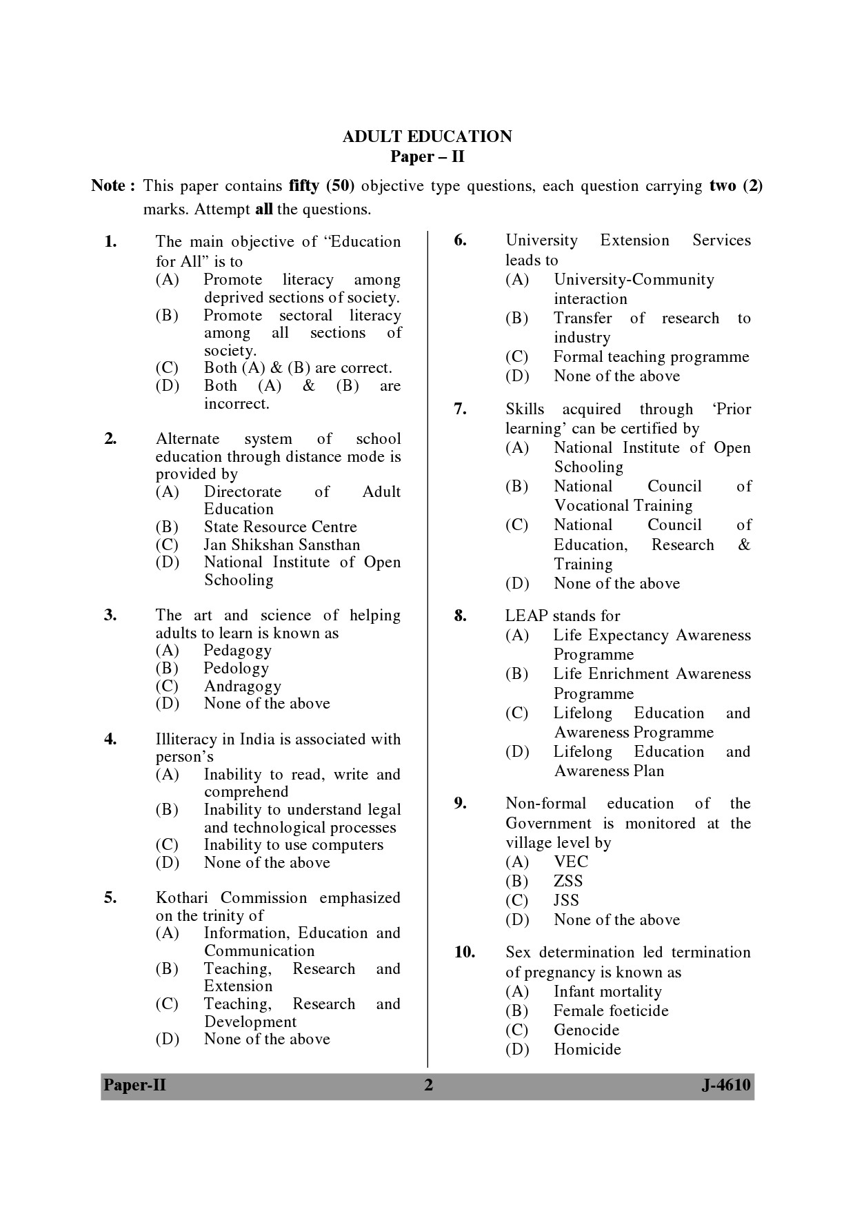 UGC NET Adult Education Question Paper II June 2010 2