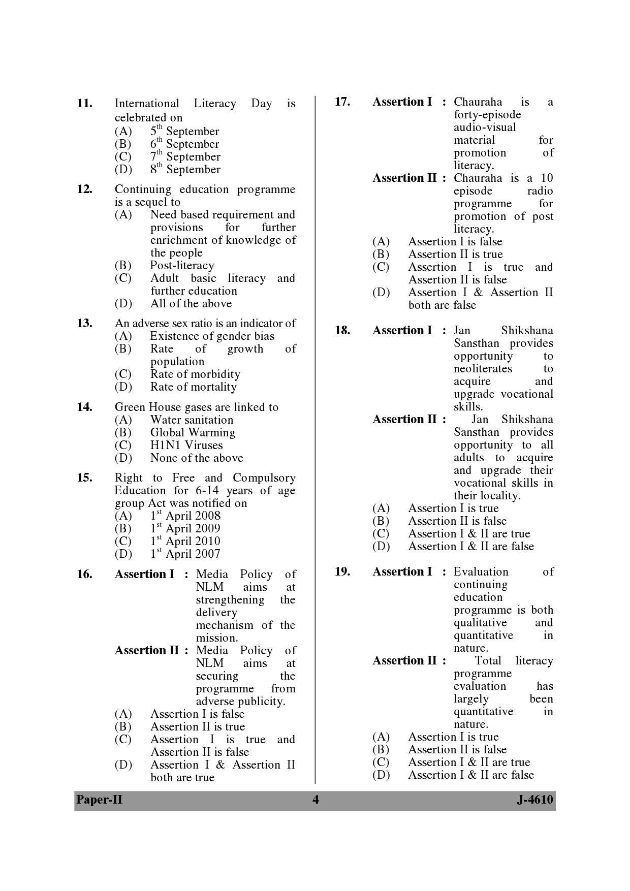 UGC NET Adult Education Question Paper II June 2010 4