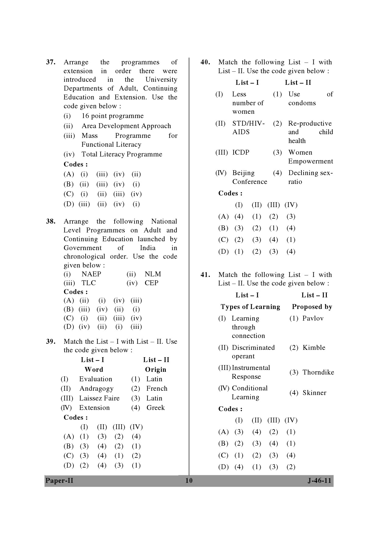 UGC NET Adult Education Question Paper II June 2011 10