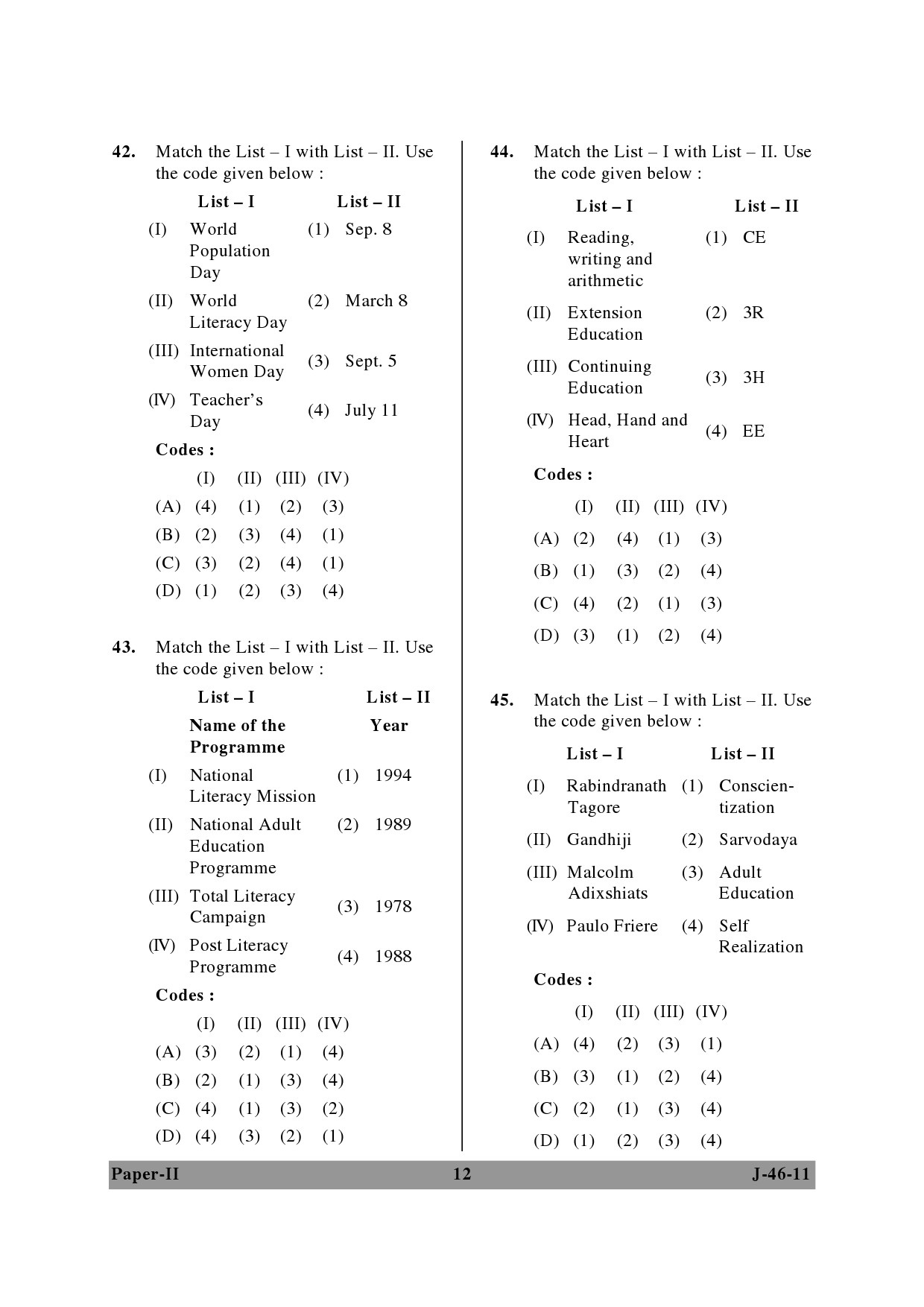 UGC NET Adult Education Question Paper II June 2011 12