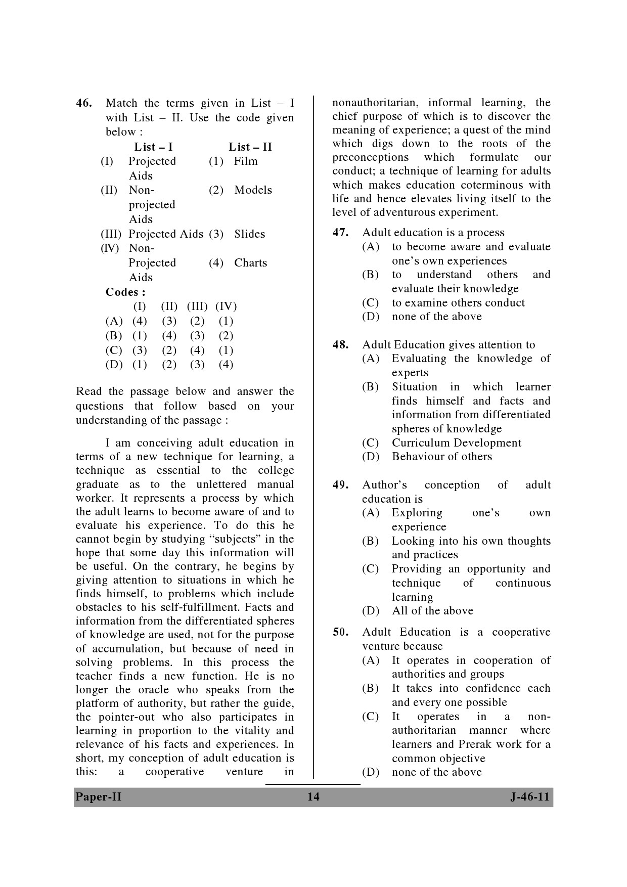 UGC NET Adult Education Question Paper II June 2011 14