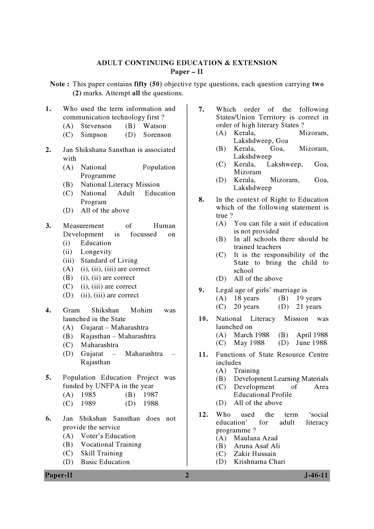 UGC NET Adult Education Question Paper II June 2011 2