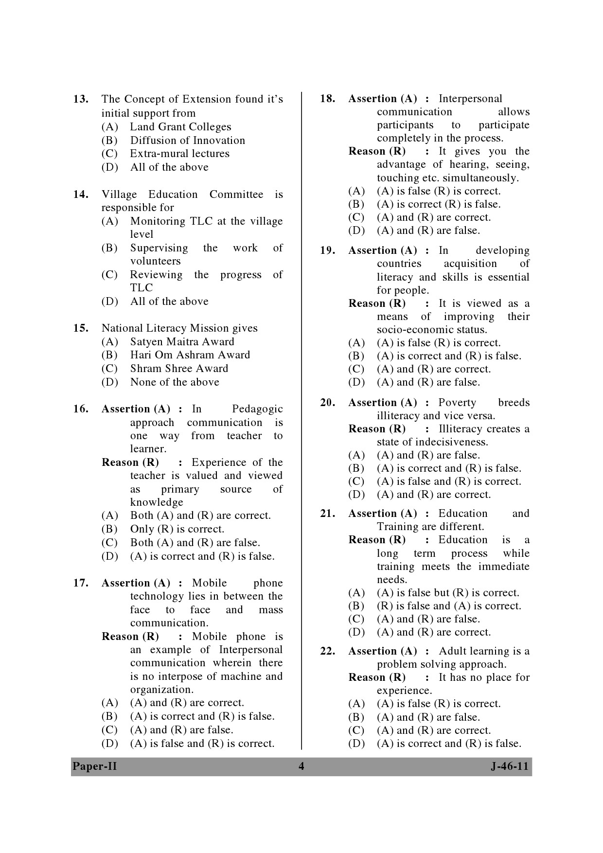 UGC NET Adult Education Question Paper II June 2011 4