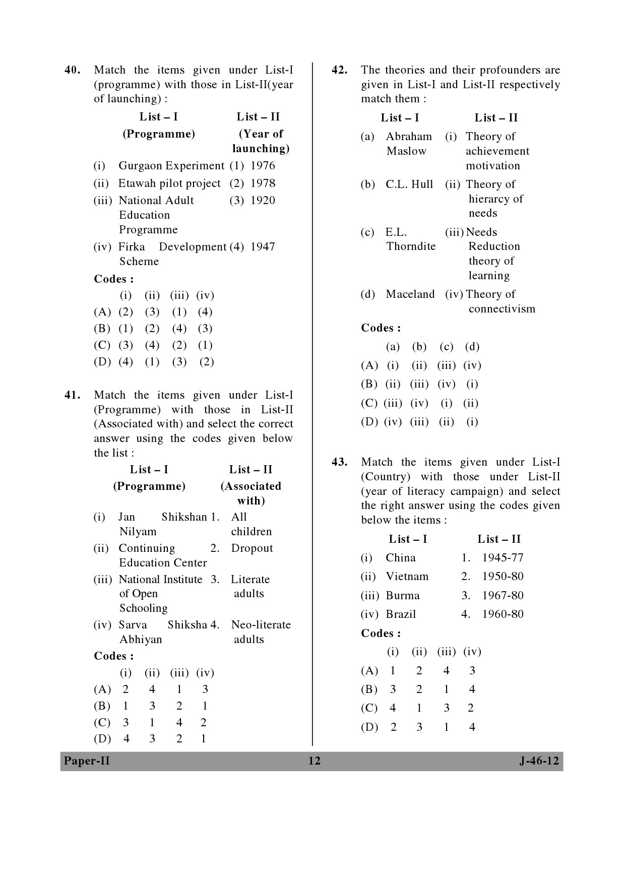 UGC NET Adult Education Question Paper II June 2012 12