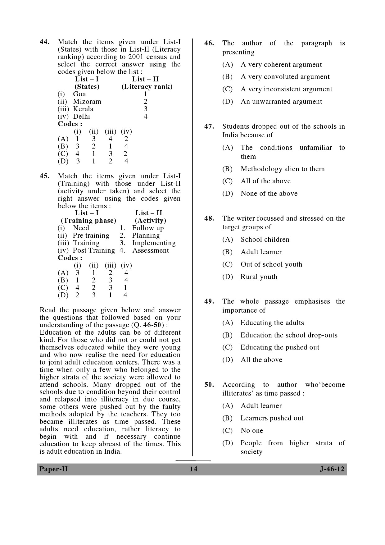 UGC NET Adult Education Question Paper II June 2012 14