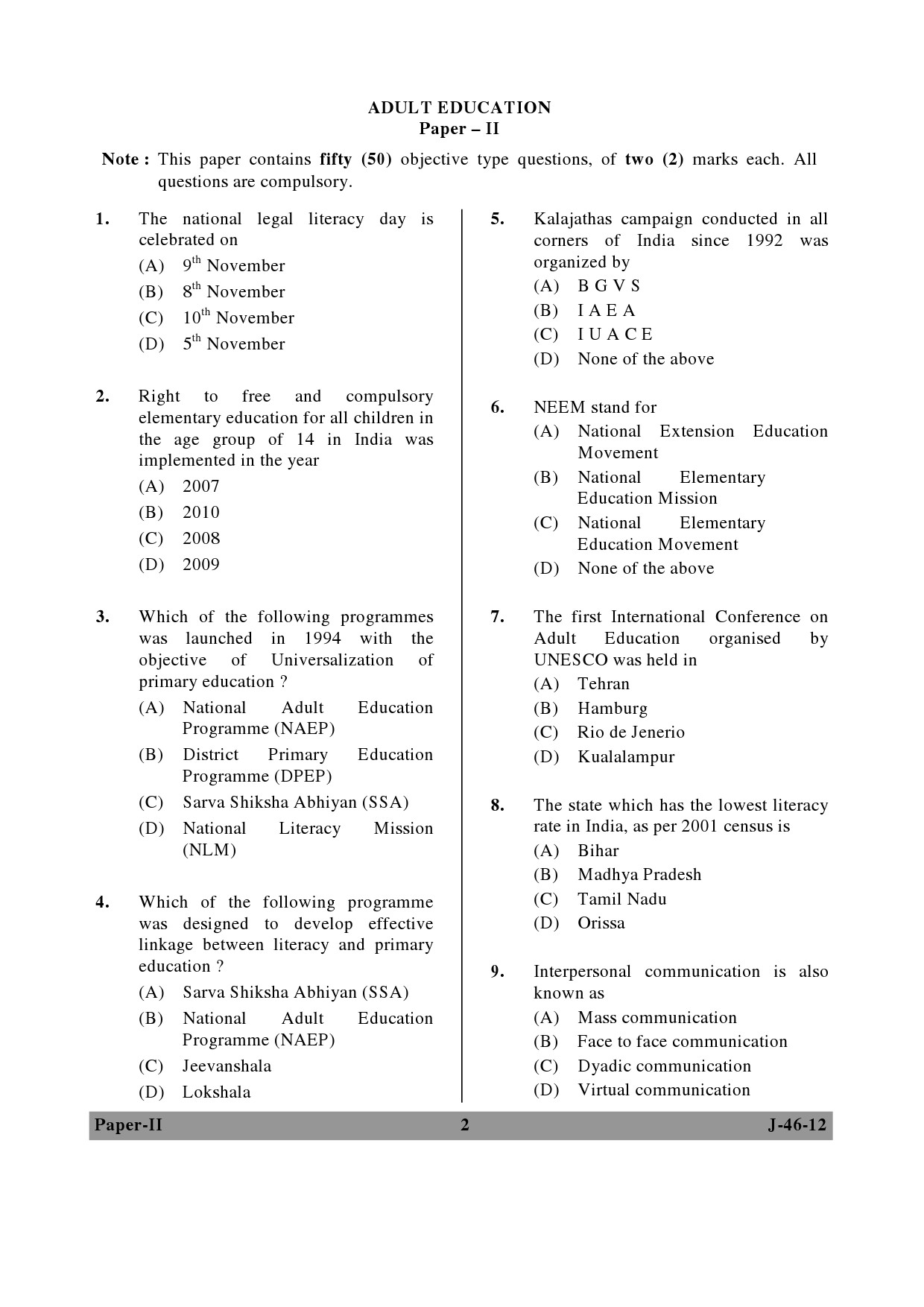 UGC NET Adult Education Question Paper II June 2012 2