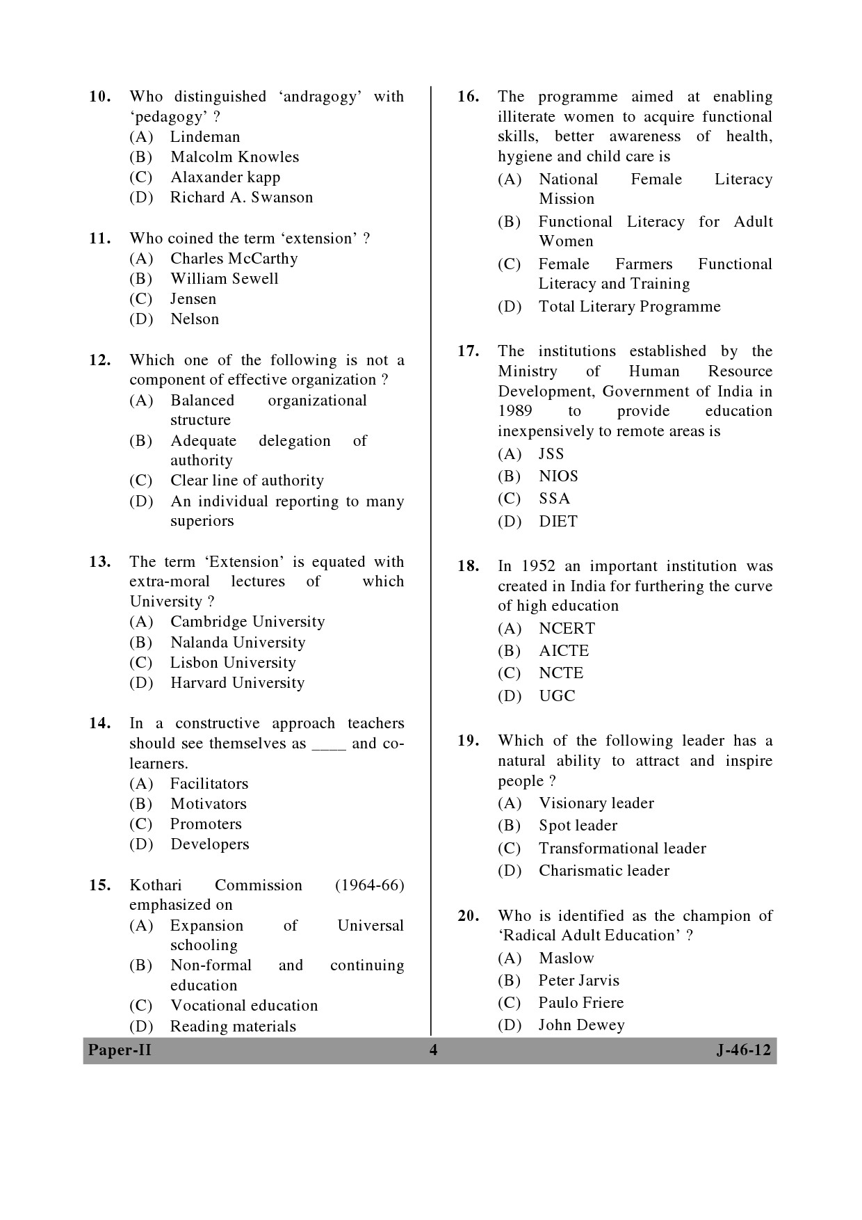 UGC NET Adult Education Question Paper II June 2012 4