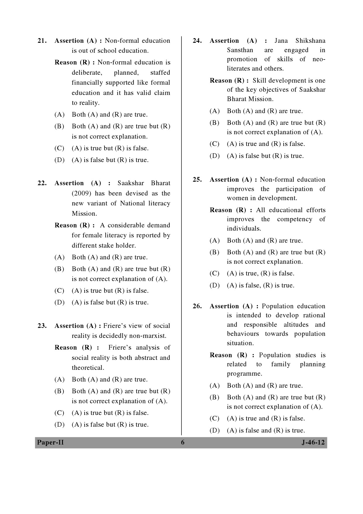 UGC NET Adult Education Question Paper II June 2012 6