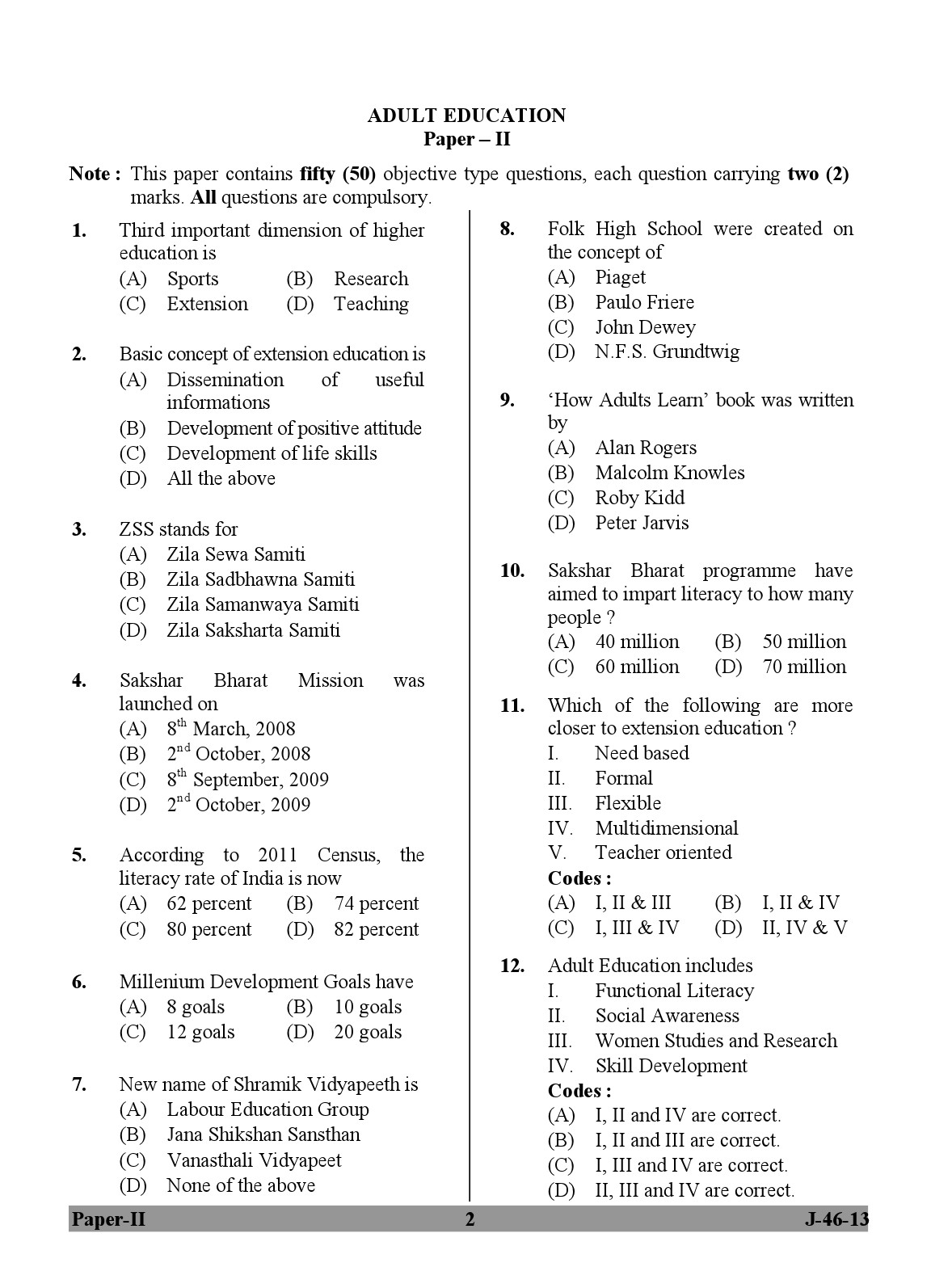 UGC NET Adult Education Question Paper II June 2013 Set 2 2