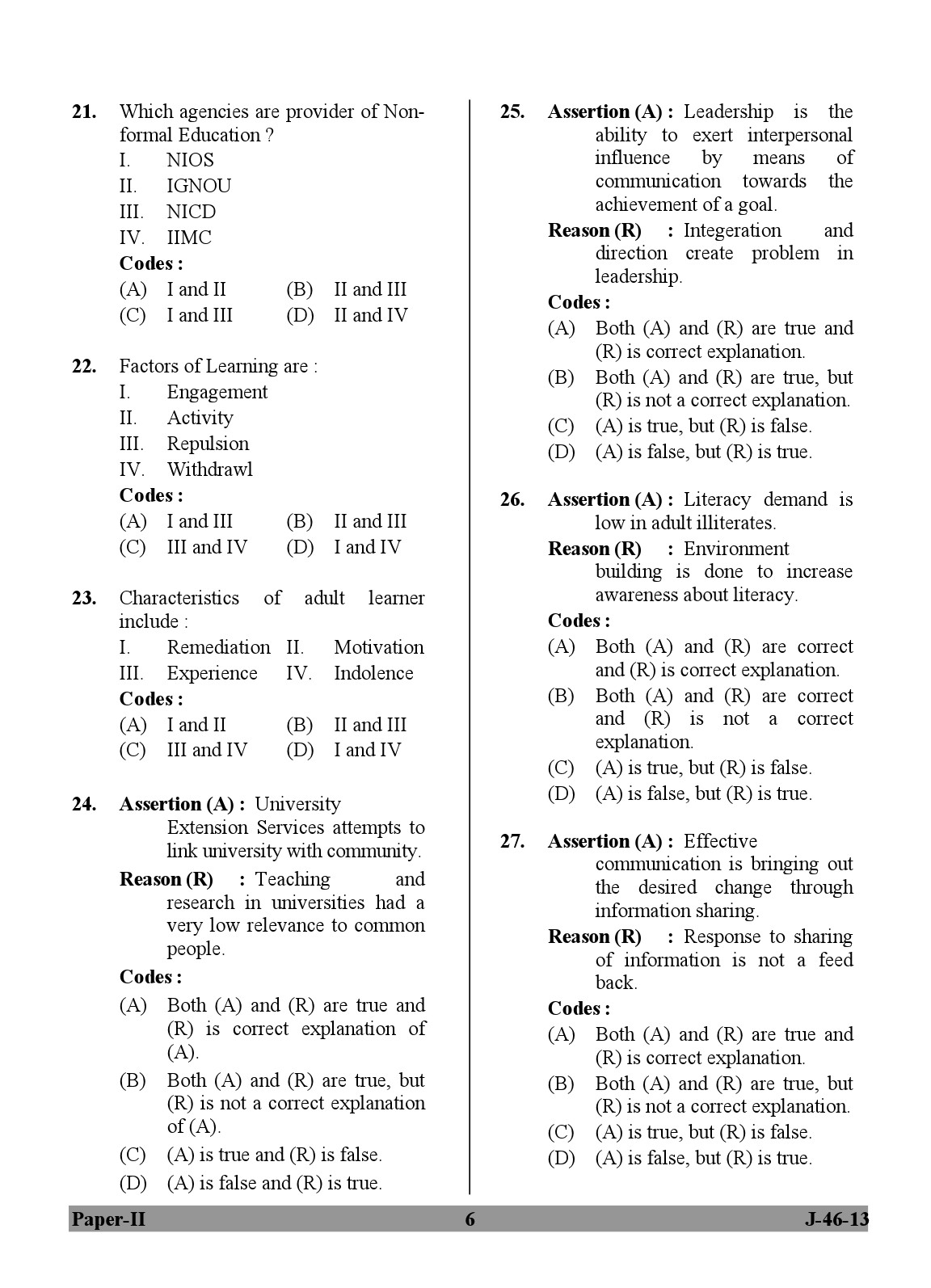 UGC NET Adult Education Question Paper II June 2013 Set 2 6