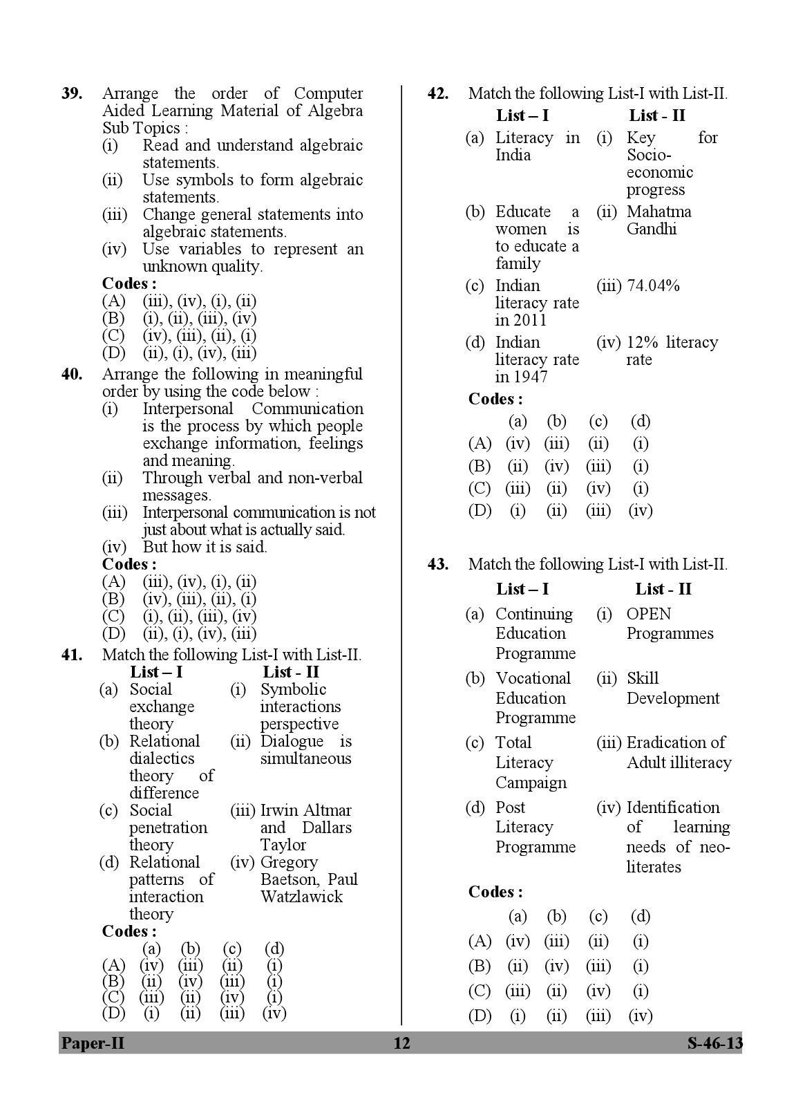 UGC NET Adult Education Question Paper II June 2013 12