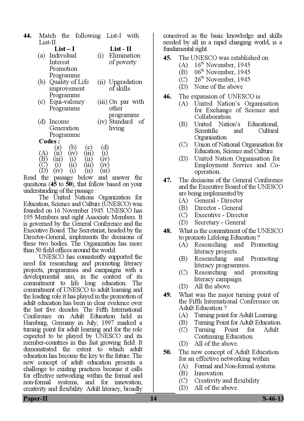 UGC NET Adult Education Question Paper II June 2013 14