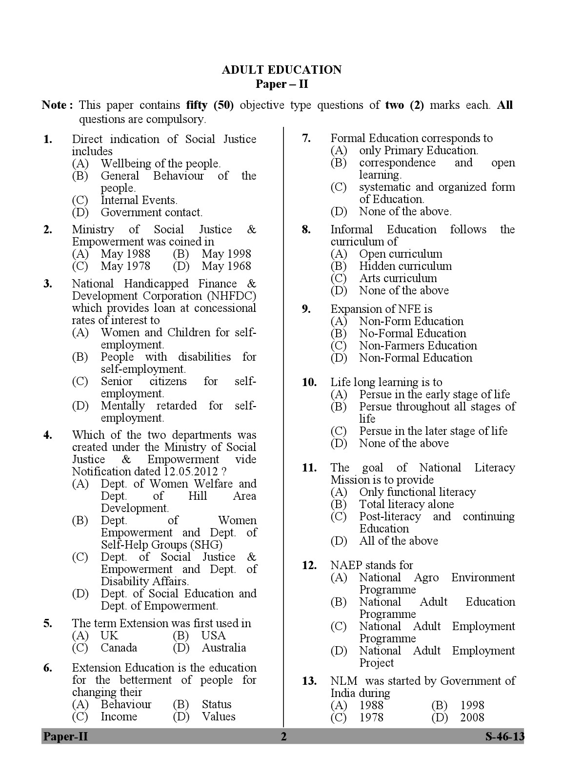 UGC NET Adult Education Question Paper II June 2013 2