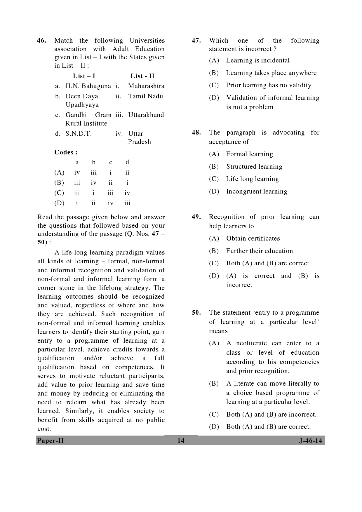 UGC NET Adult Education Question Paper II June 2014 14