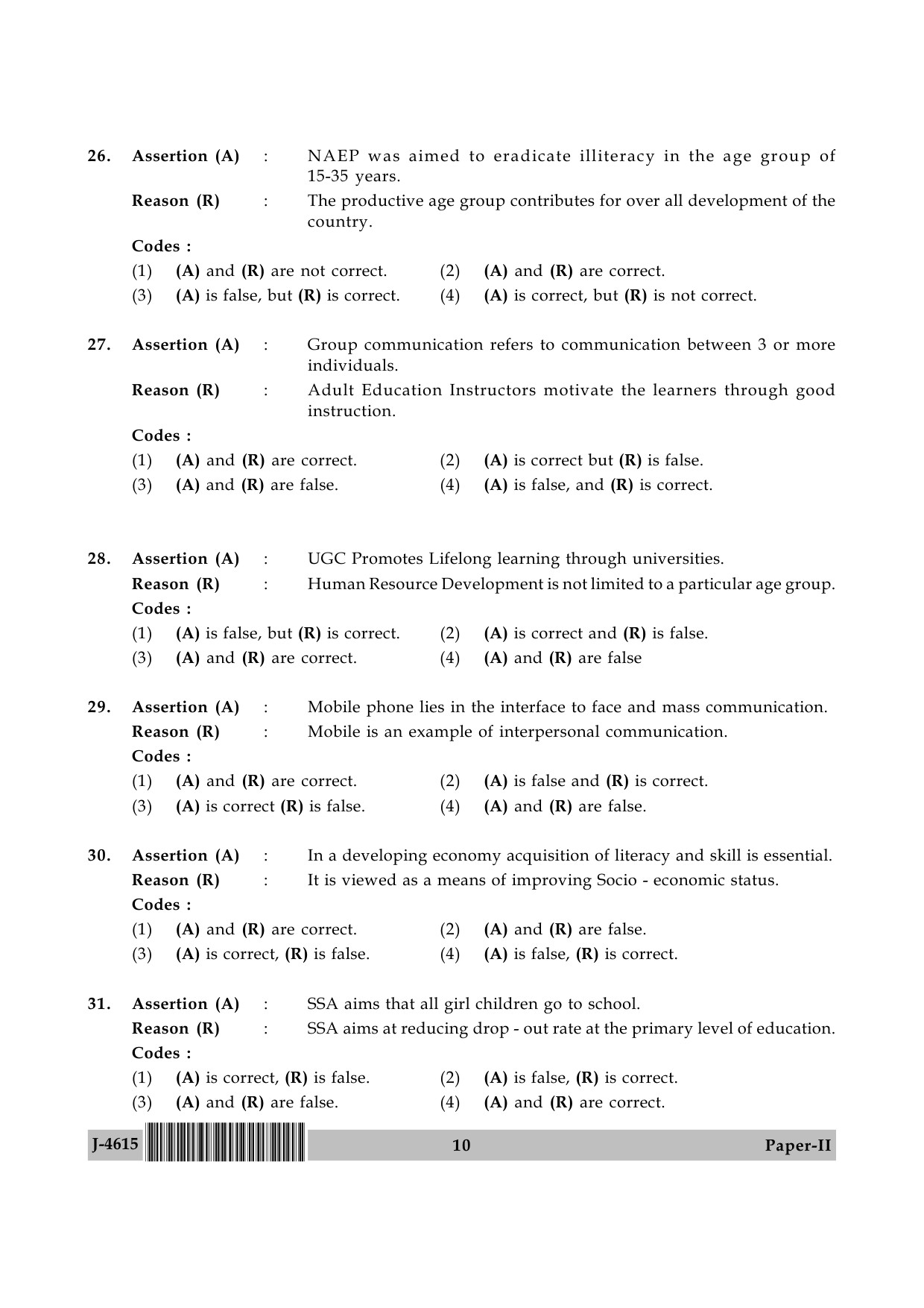 UGC NET Adult Education Question Paper II June 2015 10