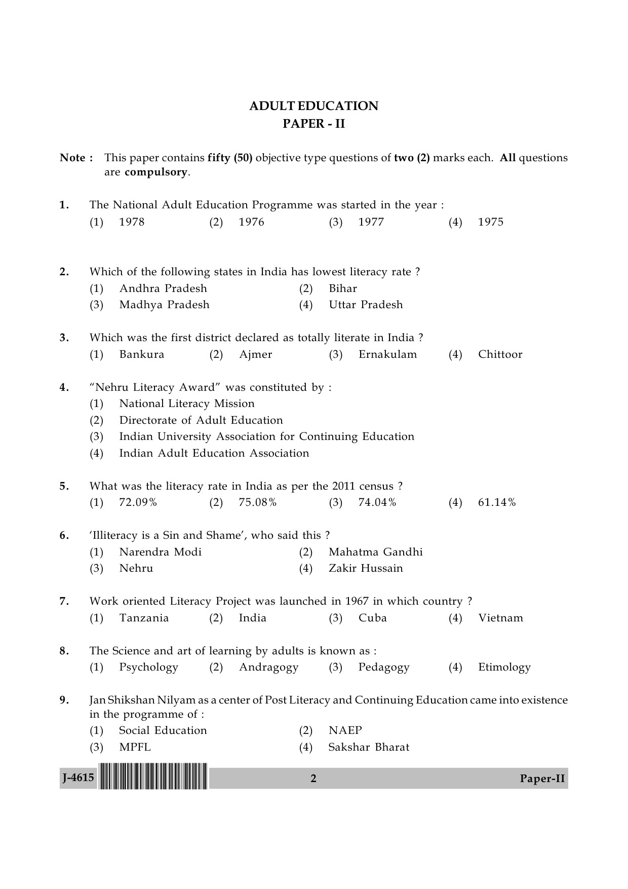 UGC NET Adult Education Question Paper II June 2015 2