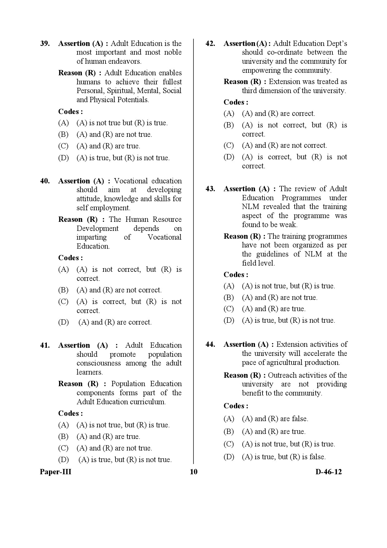 UGC NET Adult Education Question Paper III December 2012 10