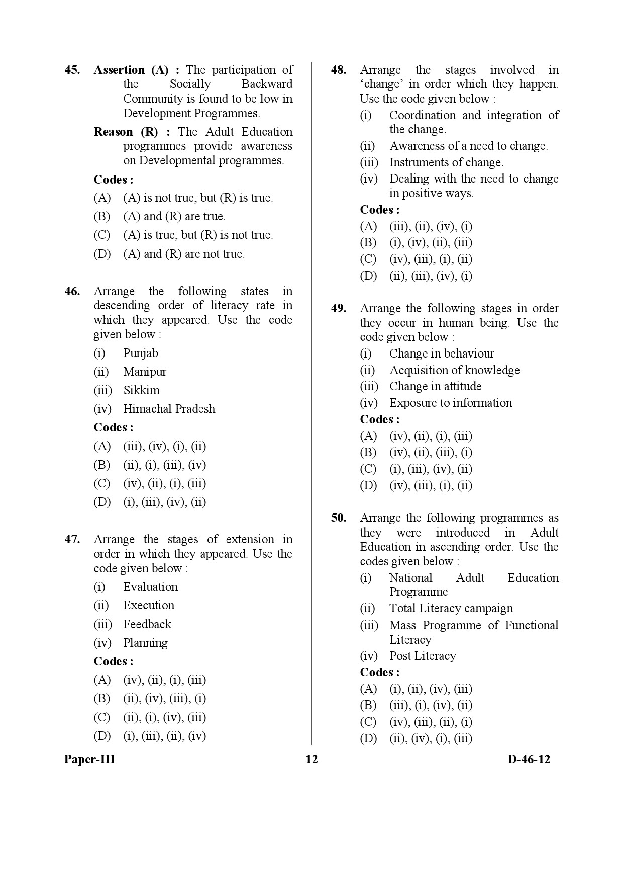 UGC NET Adult Education Question Paper III December 2012 12