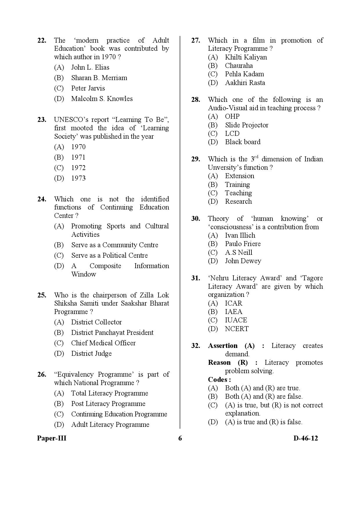 UGC NET Adult Education Question Paper III December 2012 6