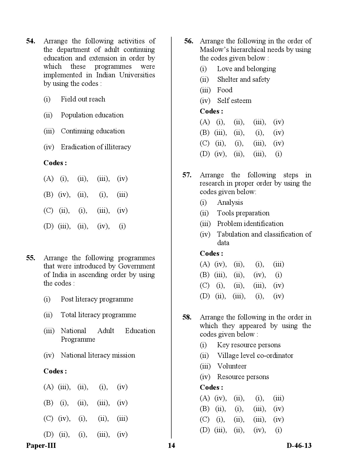 UGC NET Adult Education Question Paper III December 2013 14