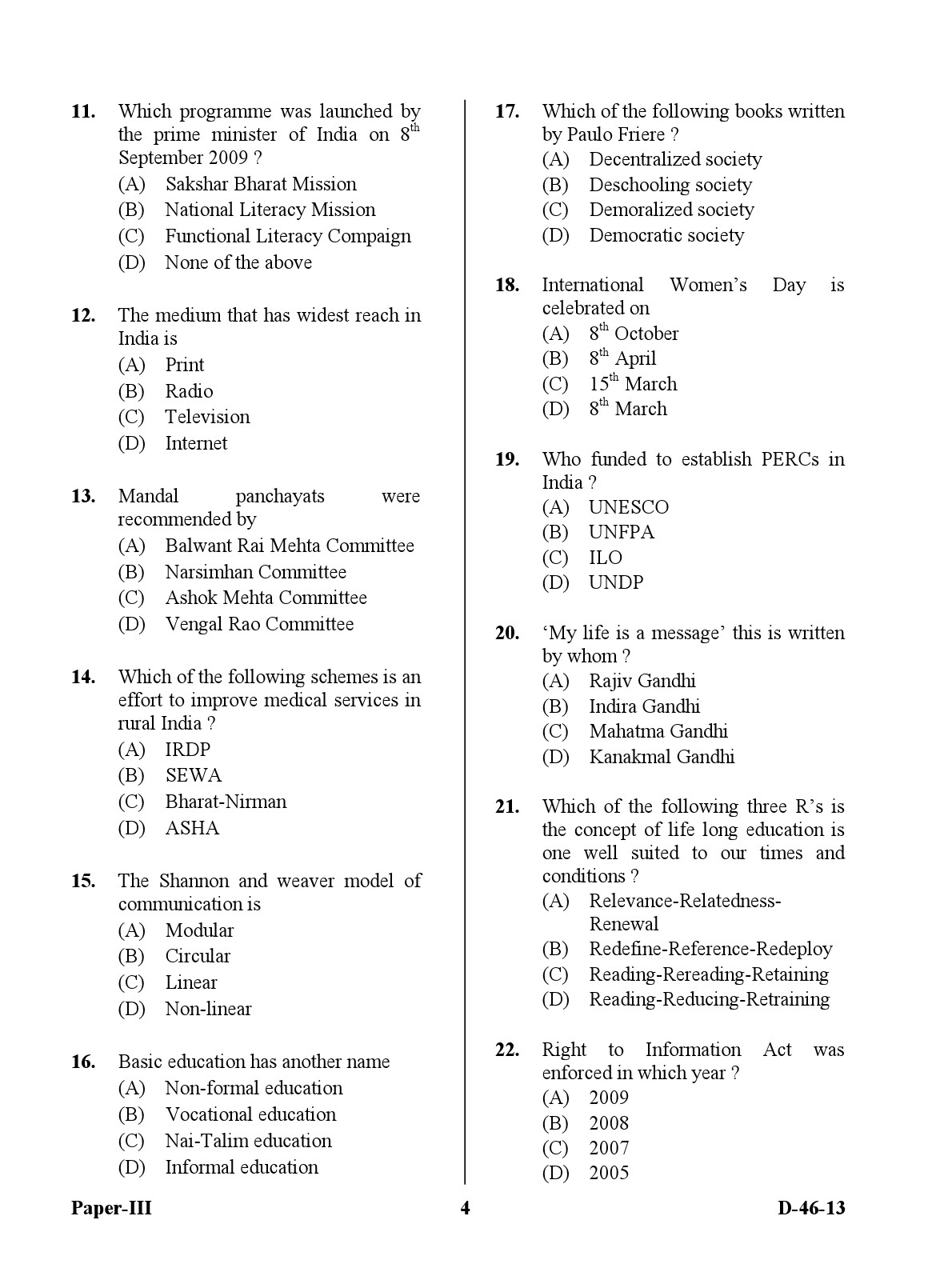 UGC NET Adult Education Question Paper III December 2013 4