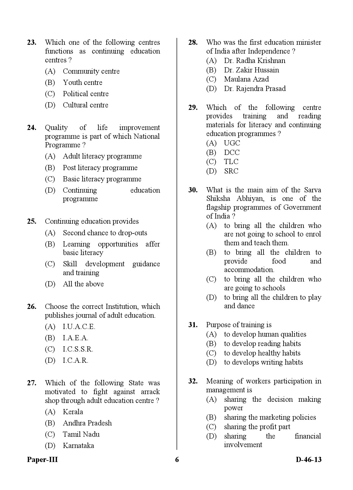 UGC NET Adult Education Question Paper III December 2013 6