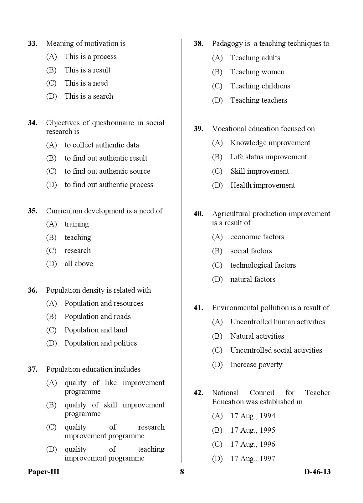 UGC NET Adult Education Question Paper III December 2013 8