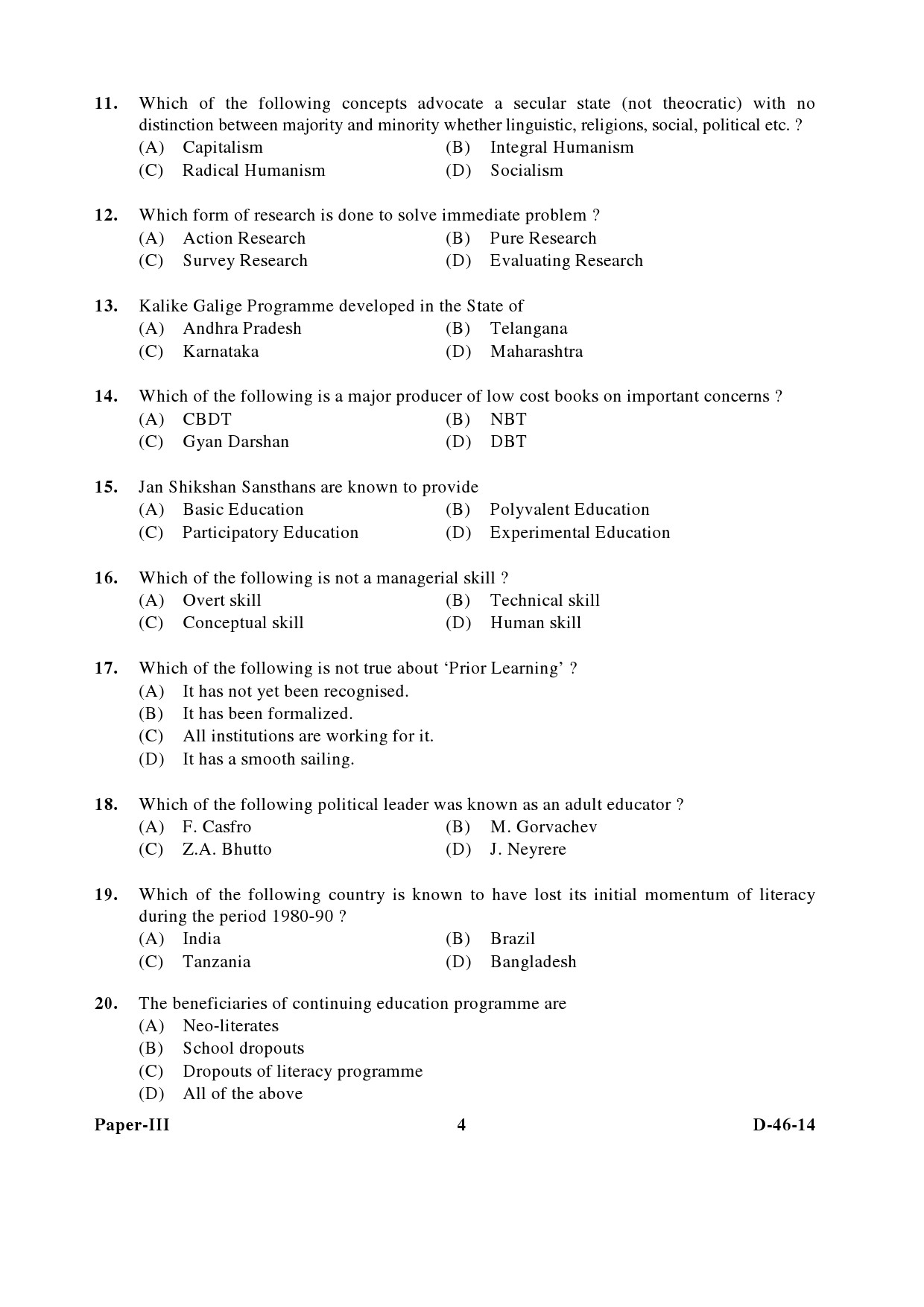 UGC NET Adult Education Question Paper III December 2014 4