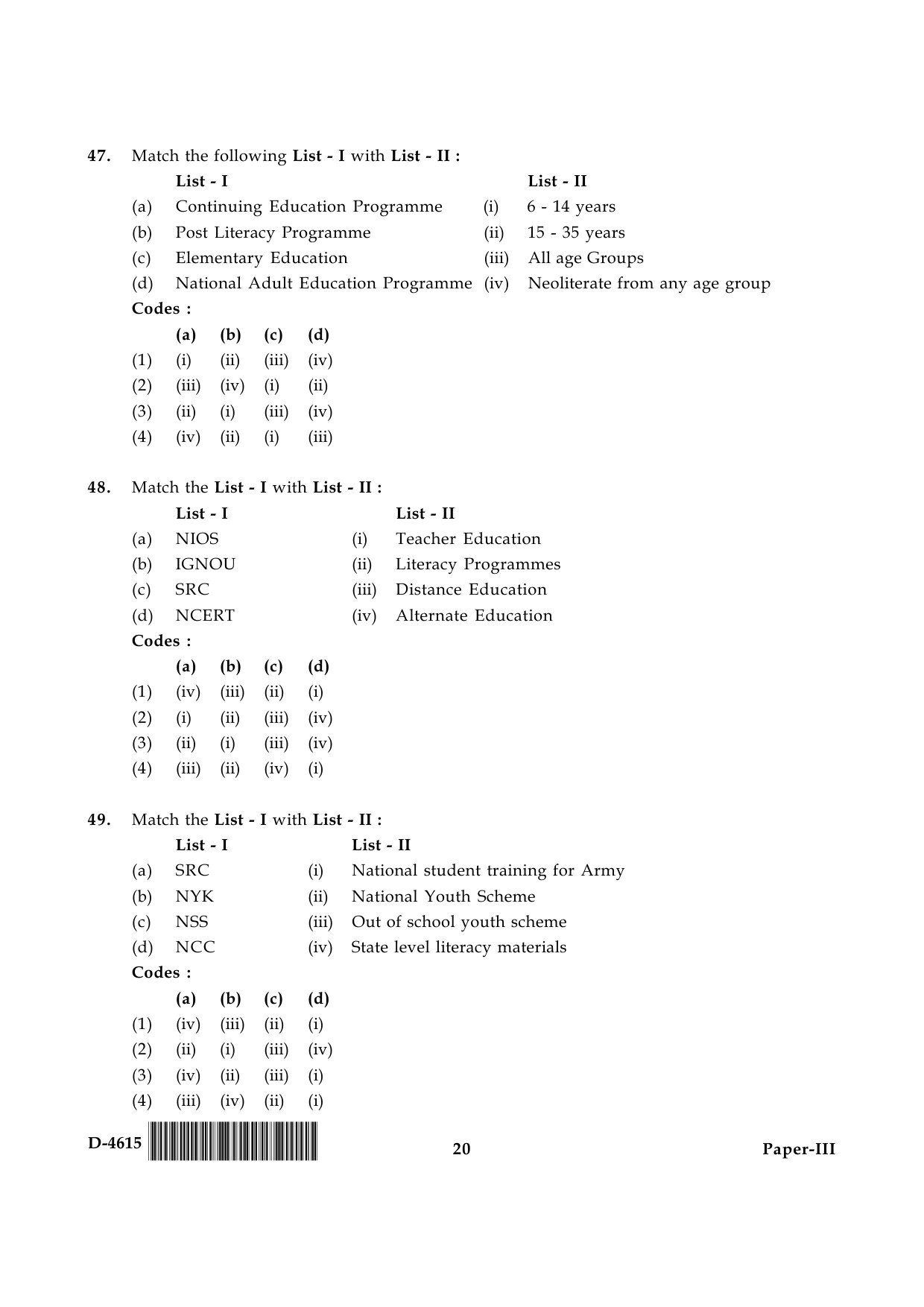 UGC NET Adult Education Question Paper III December 2015 20