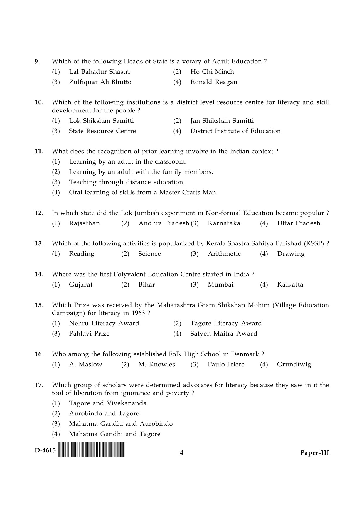 UGC NET Adult Education Question Paper III December 2015 4