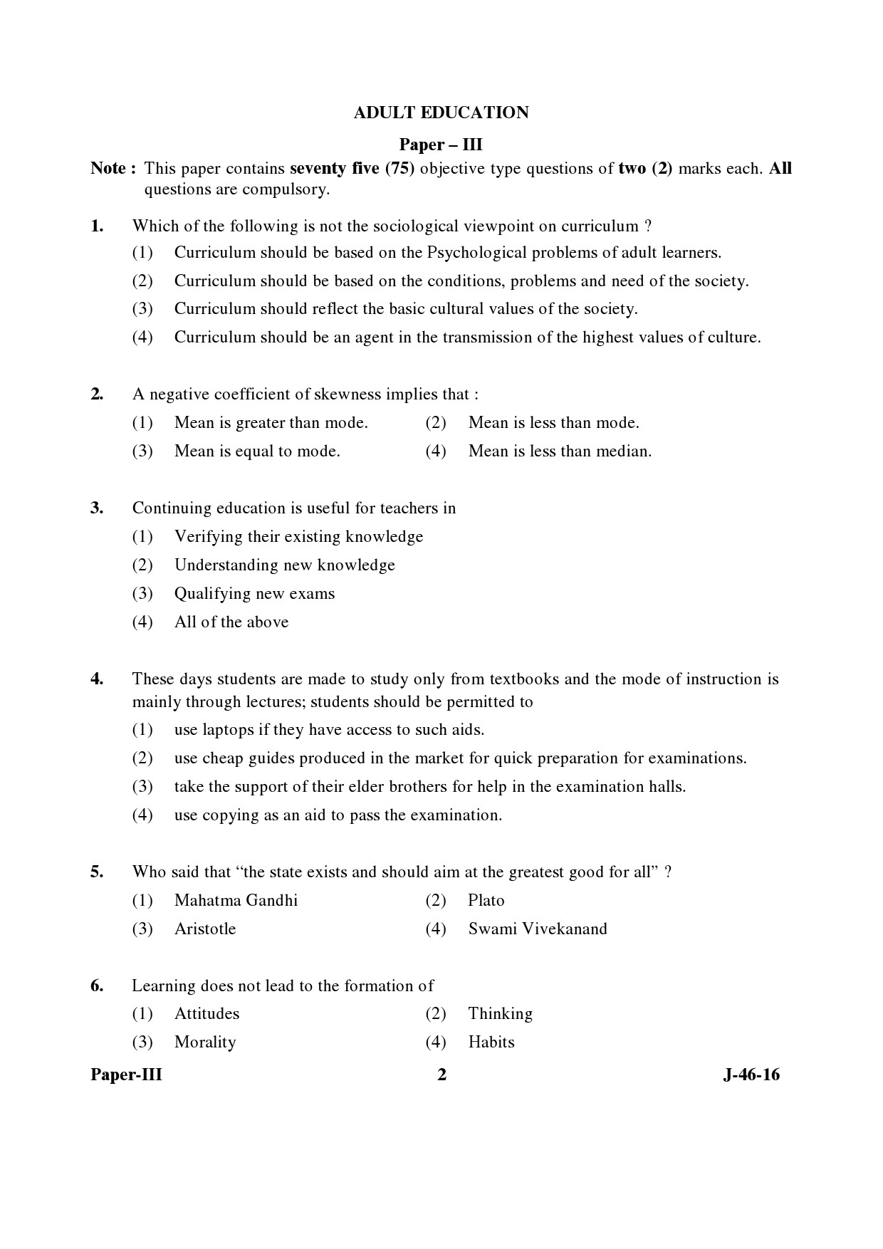 UGC NET Adult Education Question Paper III July 2016 Set 2 2