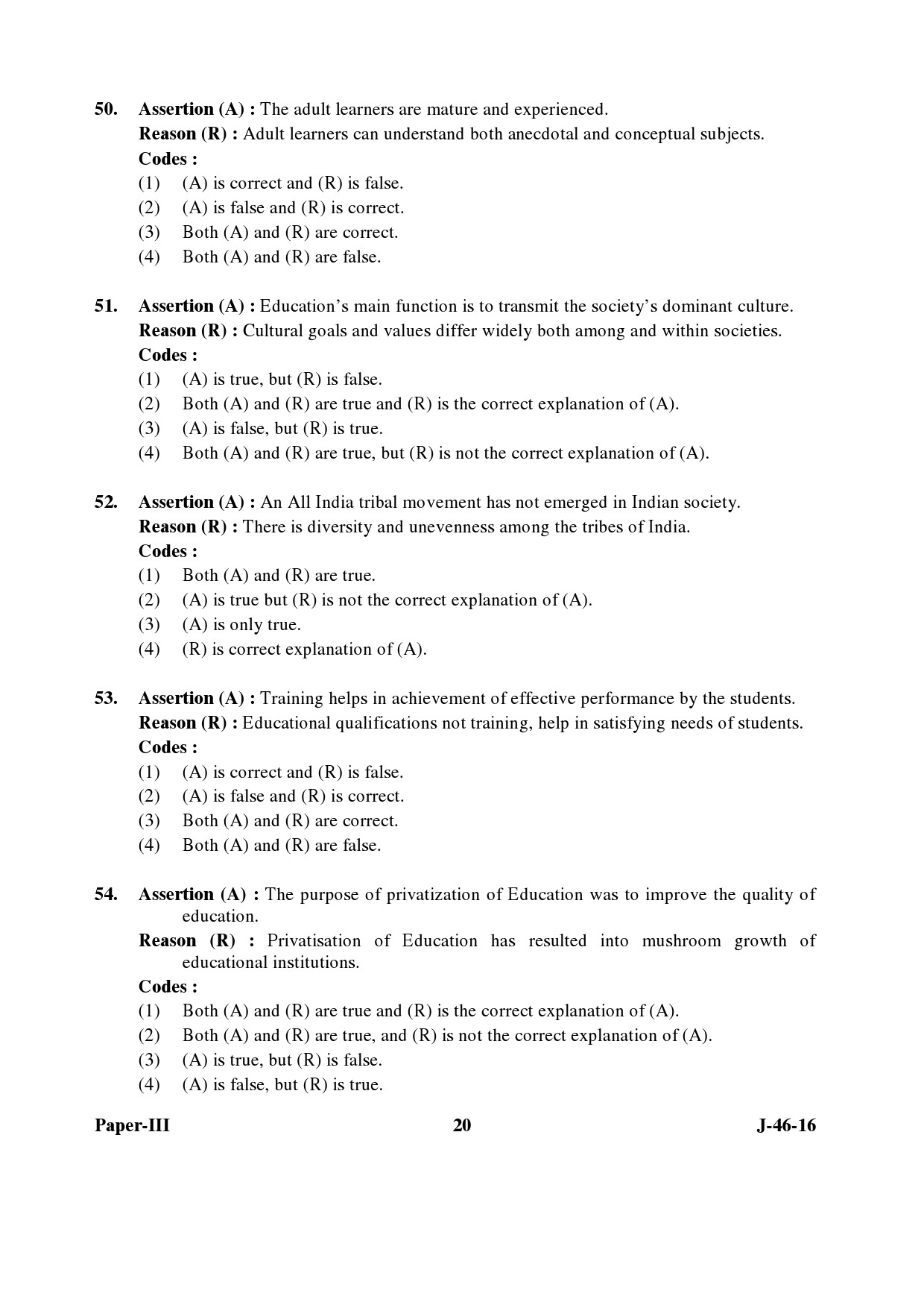 UGC NET Adult Education Question Paper III July 2016 Set 2 20