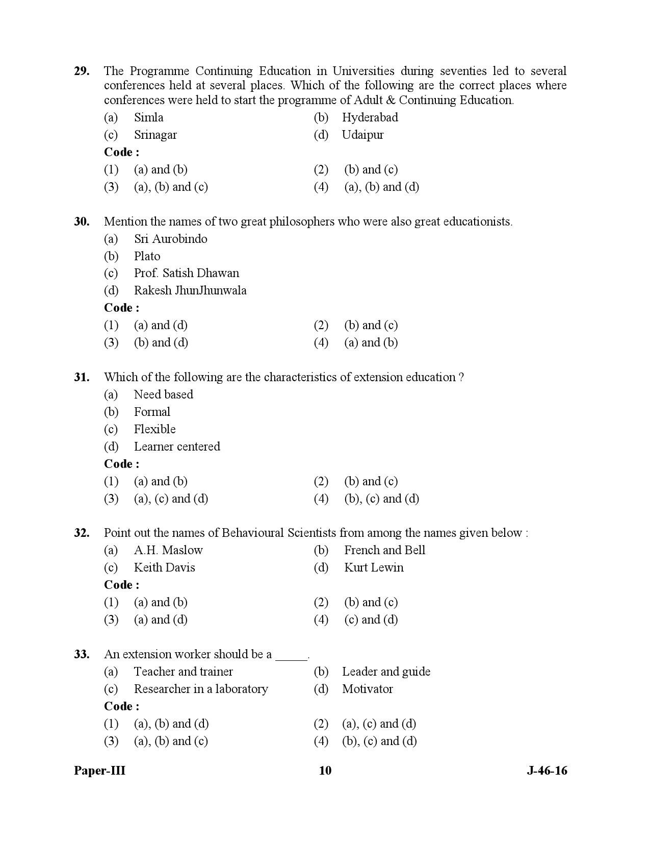 UGC NET Adult Education Question Paper III July 2016 10