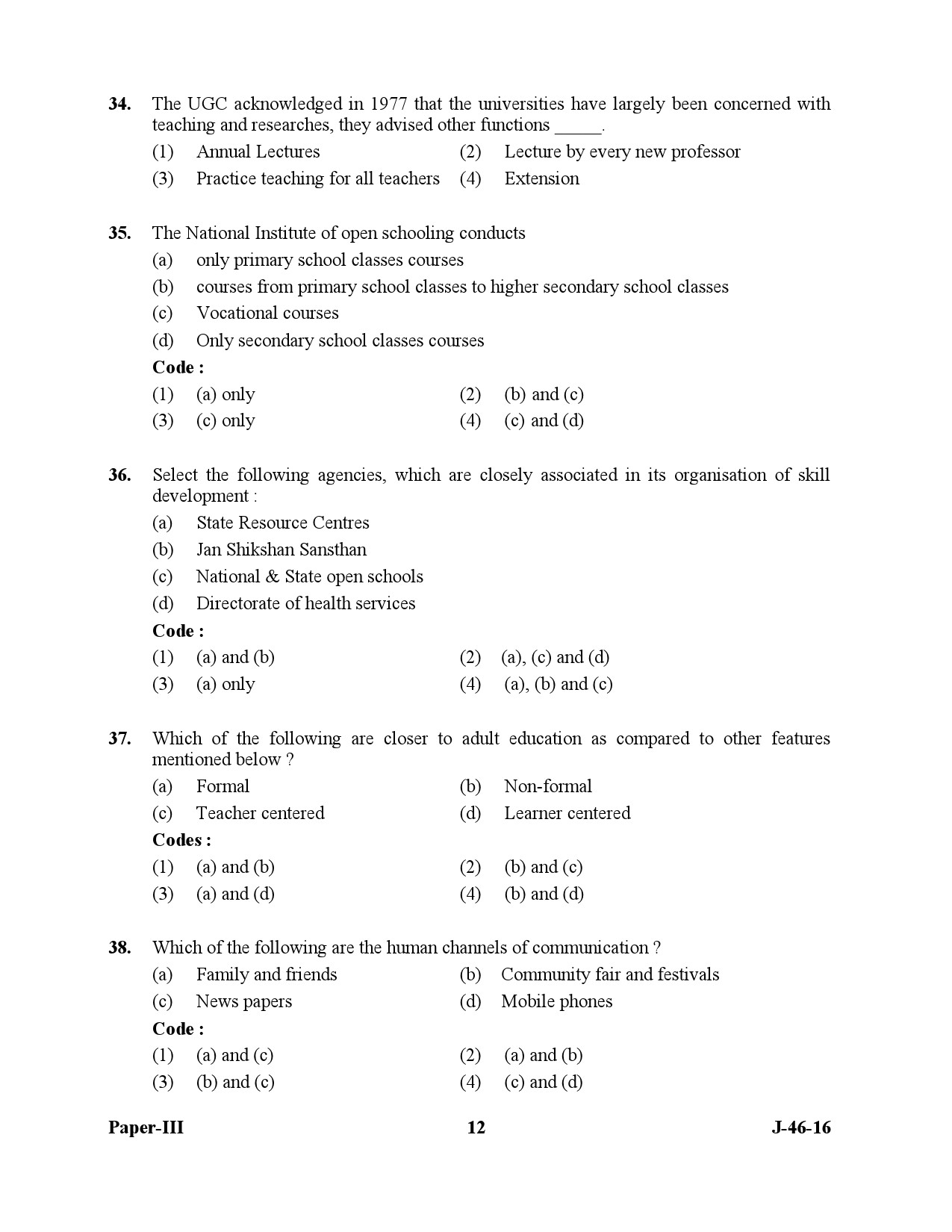 UGC NET Adult Education Question Paper III July 2016 12