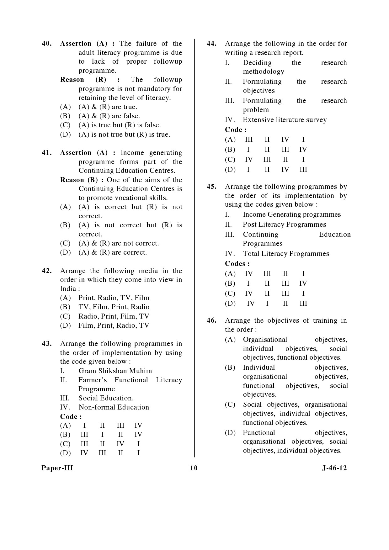 UGC NET Adult Education Question Paper III June 2012 10