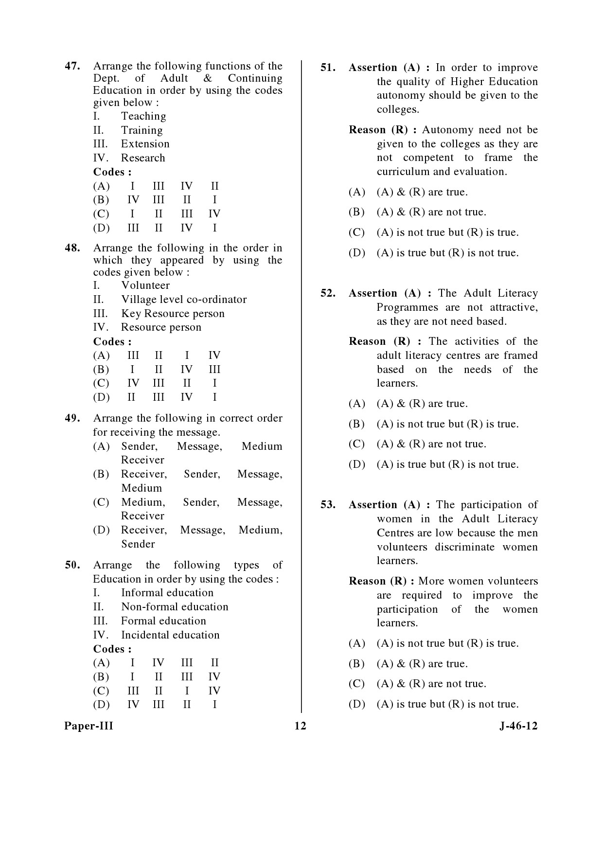 UGC NET Adult Education Question Paper III June 2012 12