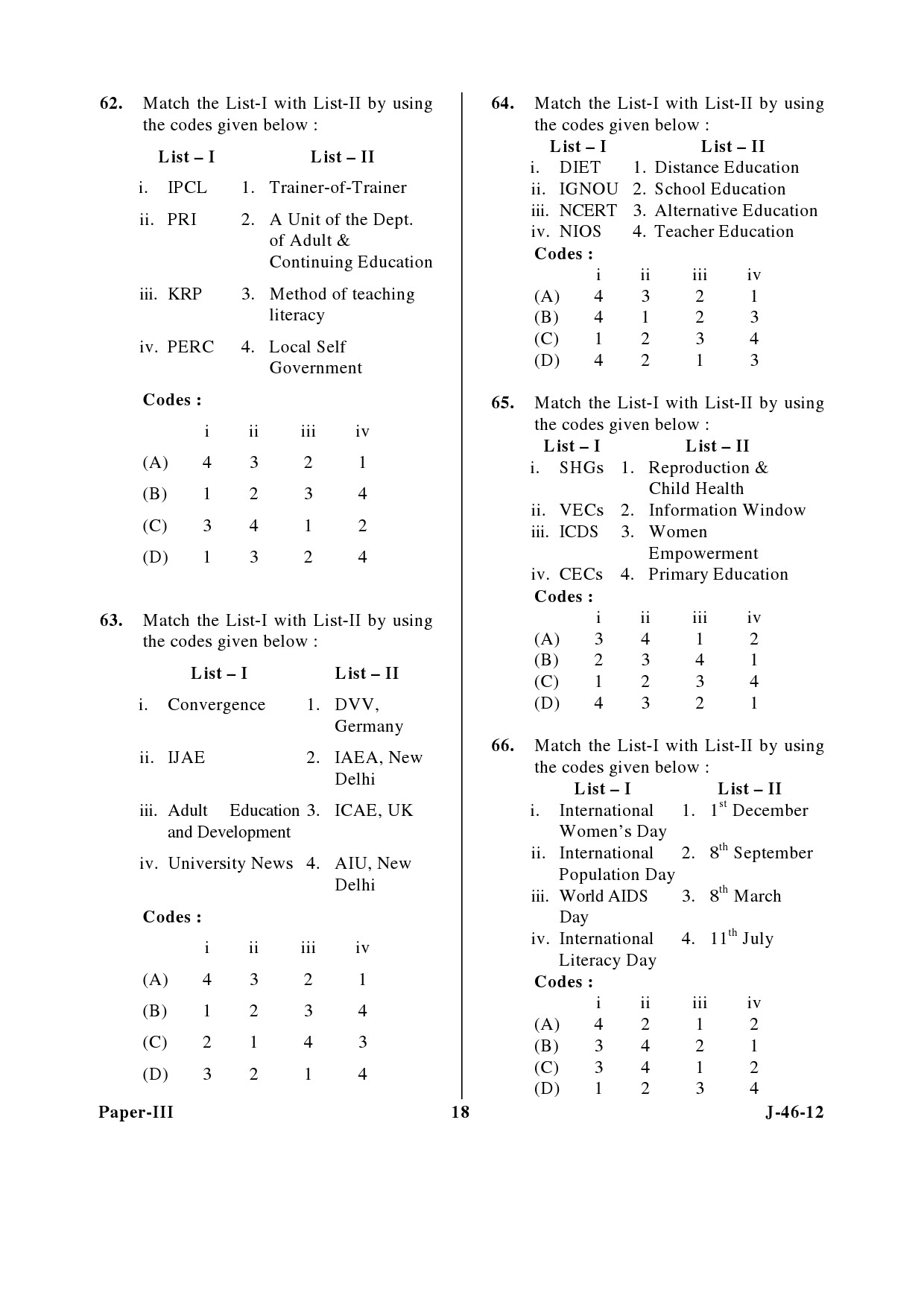 UGC NET Adult Education Question Paper III June 2012 18