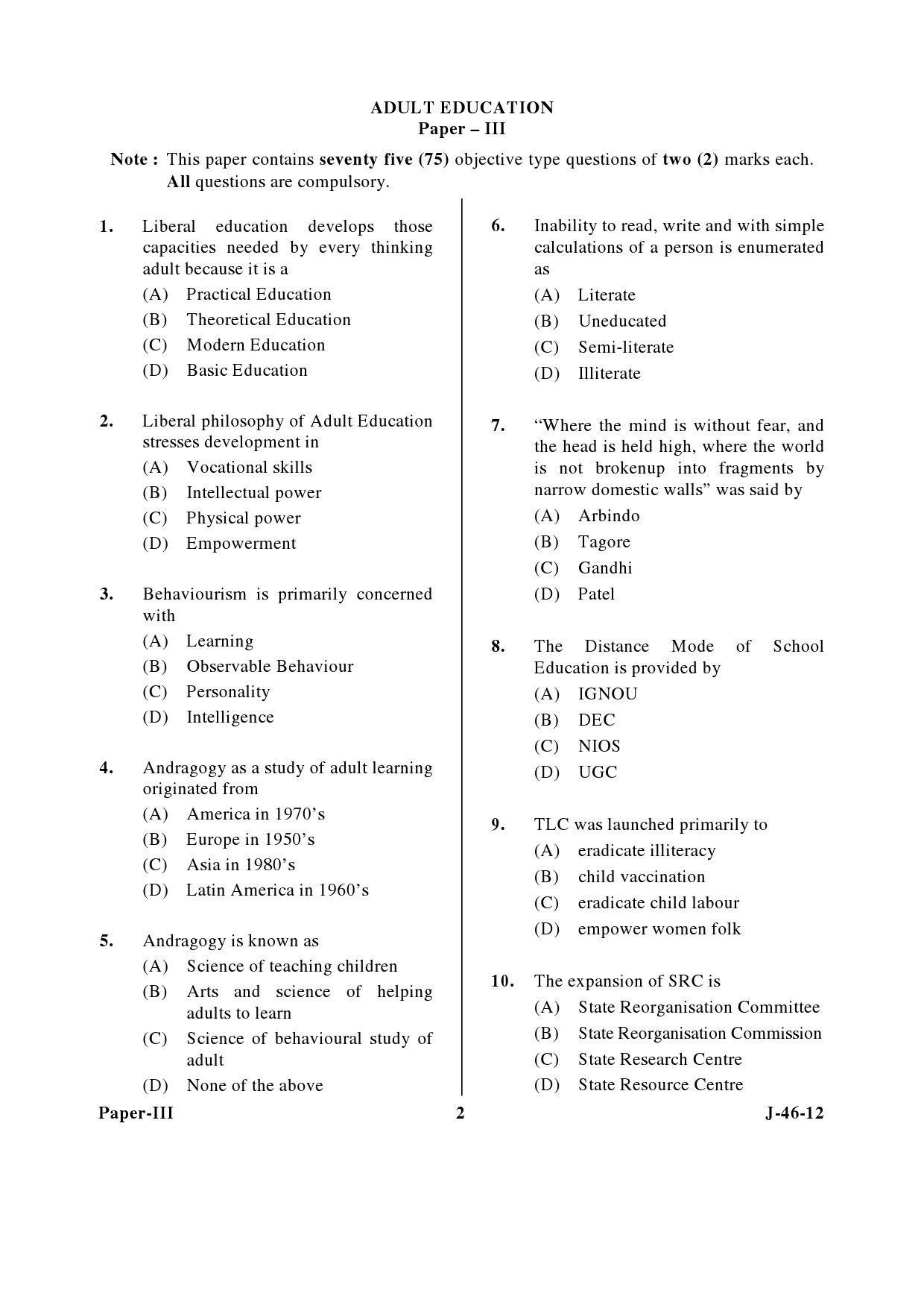 UGC NET Adult Education Question Paper III June 2012 2